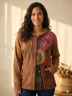 Patchwork Embroidered Zip-Up Cotton Jacket in Brown & Rust